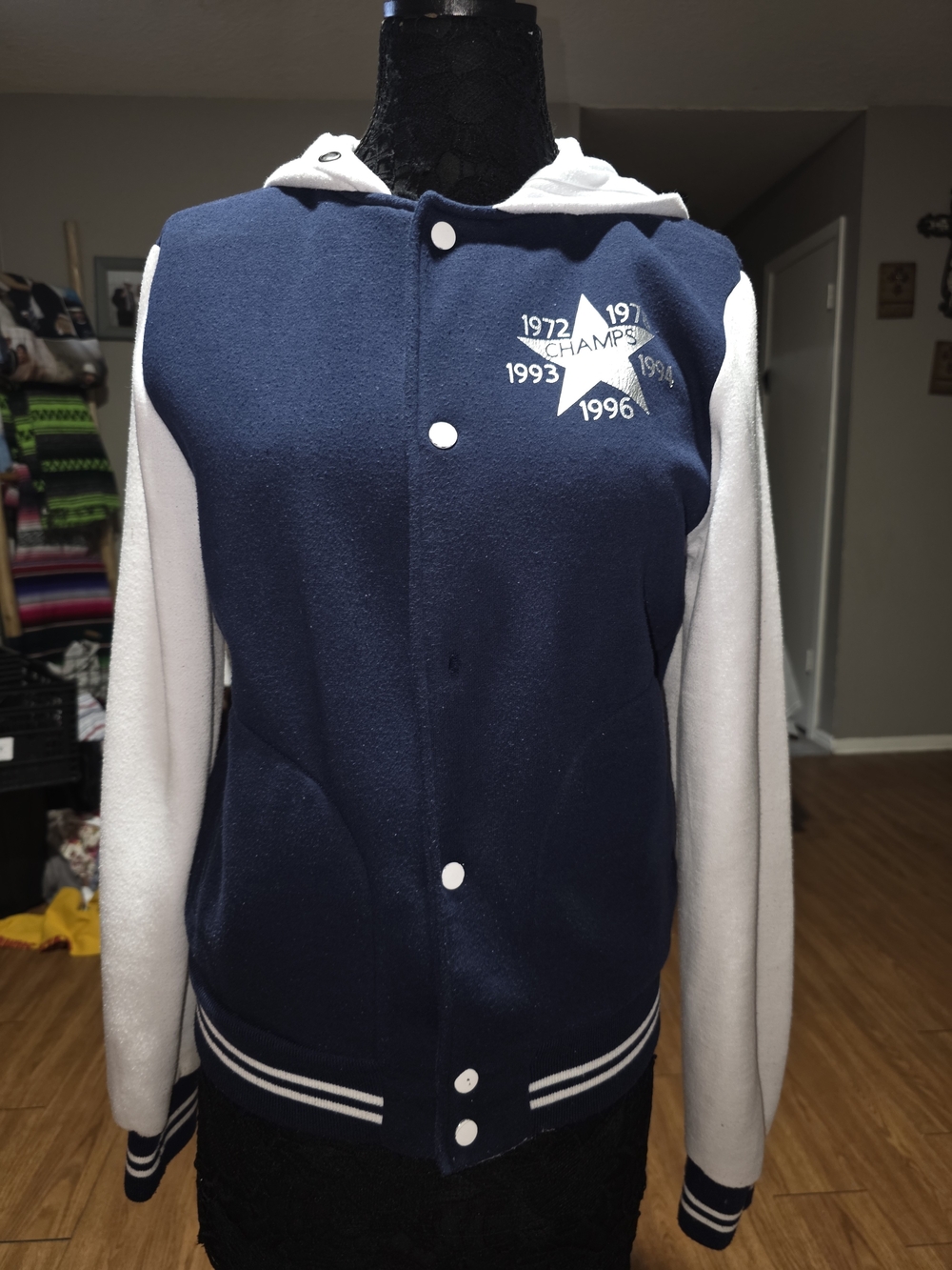 Navy and White Hooded Varsity Bomber Jacket